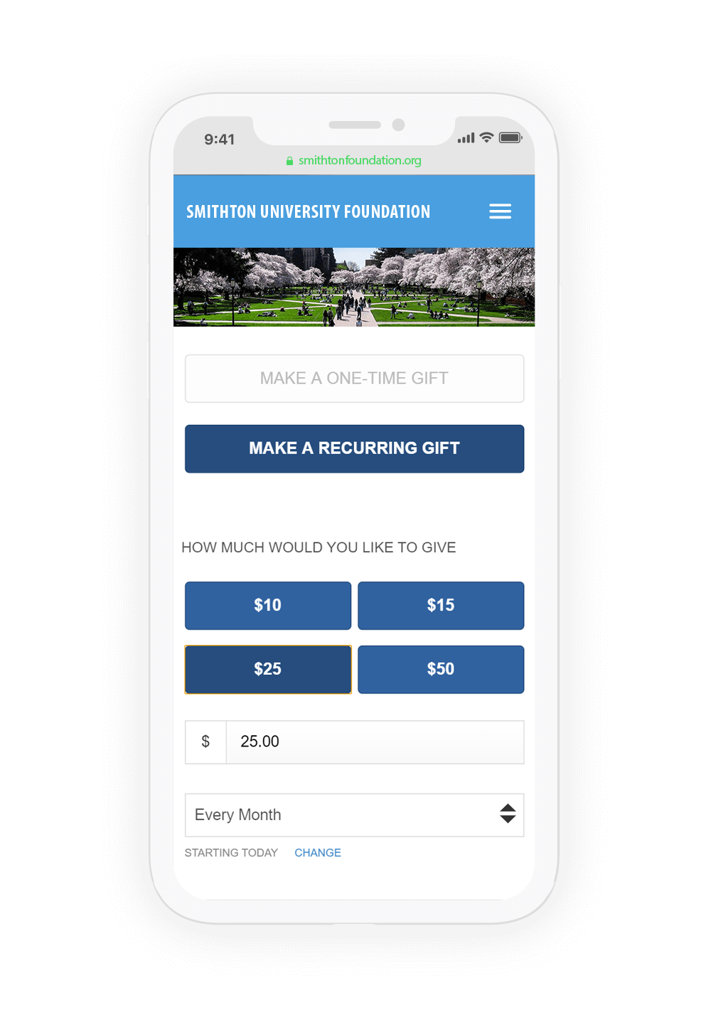 Screenshot of mobile-friendly Custom Donations interface