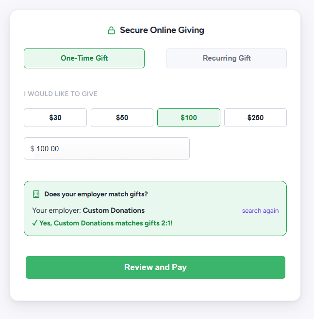 Custom Donations giving form showing a $100 gift and confirmation that the donor's employer, Custom Donations, matches gifts 2:1.